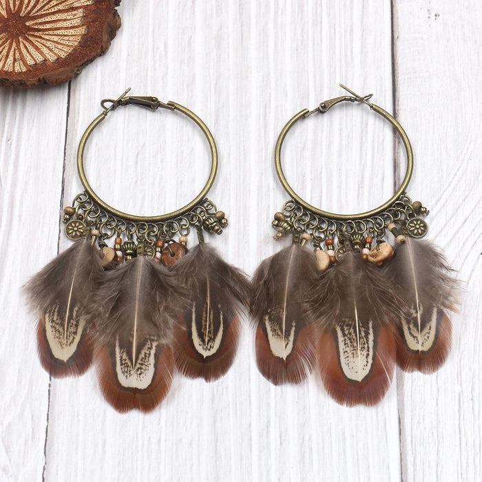Retro Ethnic Round Gradient Color Feather Pendant Earrings
