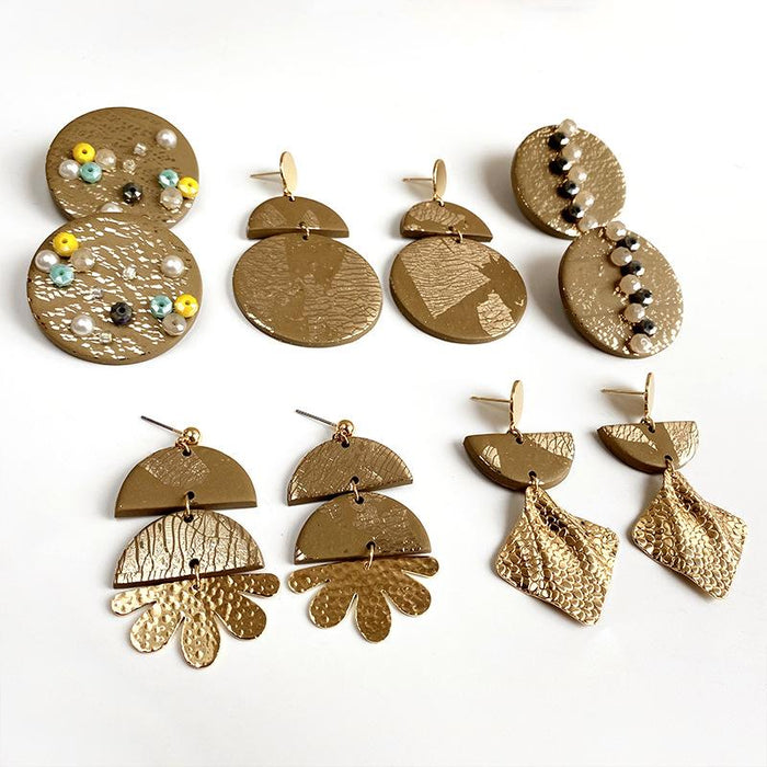 Gold Foil Soft Pottery Exaggerated Morandi Color Earrings Geometric Clay Earrings