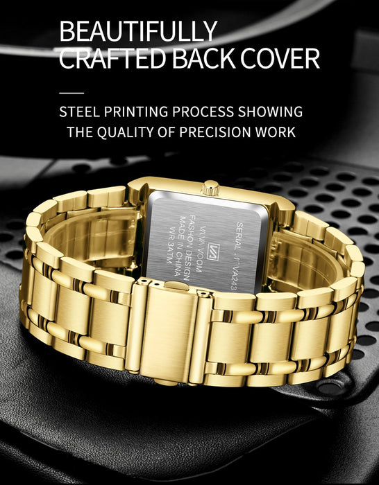 Simple Design Fashion Rectangular Black Gold Stainless Steel Calendar Waterproof Quartz Men Watches