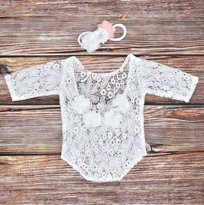 Chiffon Flower Decoration Lace Photography Clothes Pearl Hair Belt Two-piece Set