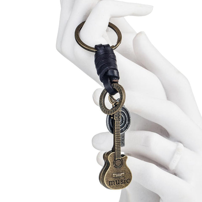 Vintage key chain creative guitar leather key chain woven leather key backpack Pendant
