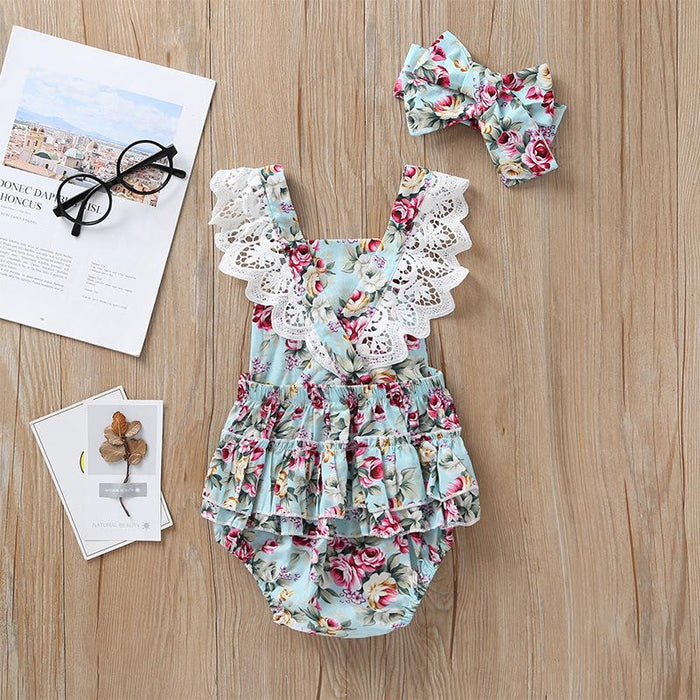 Baby Floral Bow Jumpsuit With Headband