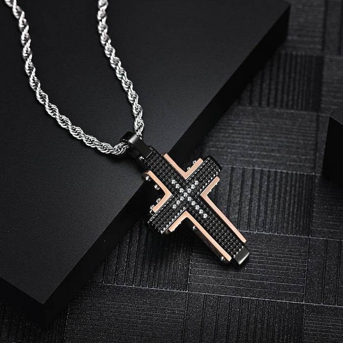 Titanium Steel Checkered Two-color Cross Pendant Necklace