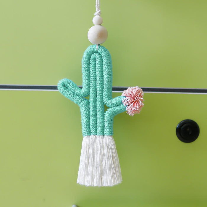 Hand Woven Cactus Pendant Cotton Rope Wood Bead Tassel Pendant