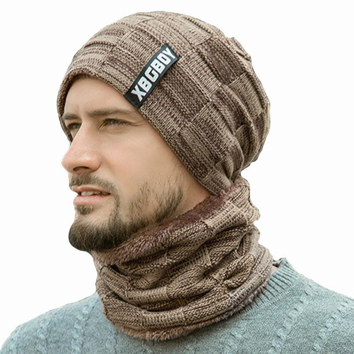 Men's Winter Knitted Pullover Wool Hat Scarf Set