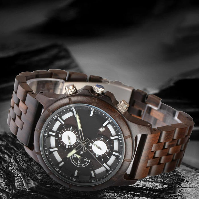 New Men's Business Multifunctional Luminous Large Dial Wooden Quartz Watch