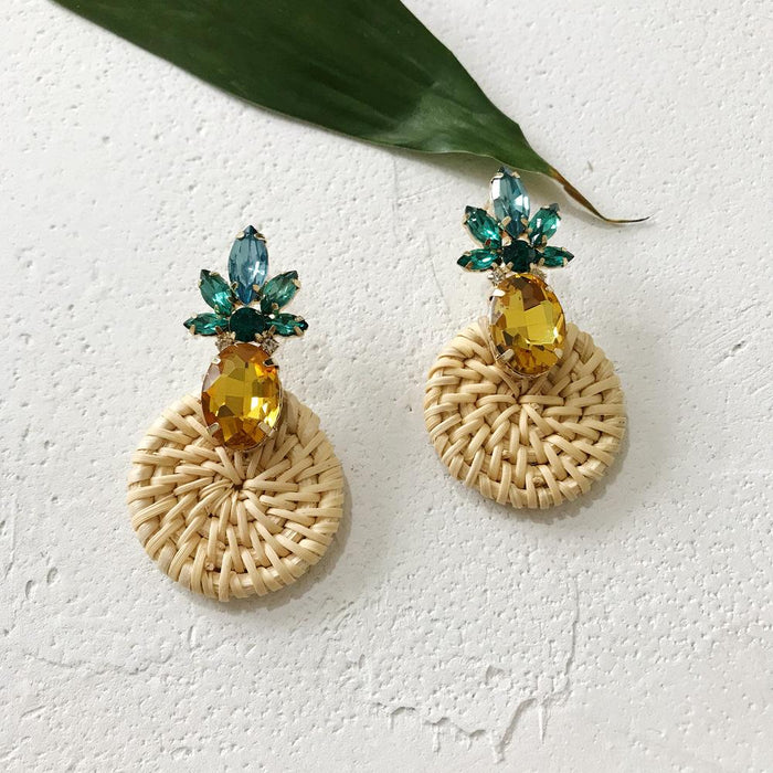 Geometric Round Rhinestone Fruit Pineapple Rattan Earrings