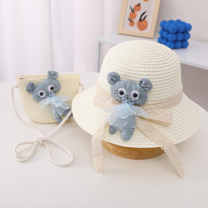 Summer Trendy Lace Cat Children's Grass Bucket Hat Bag Set