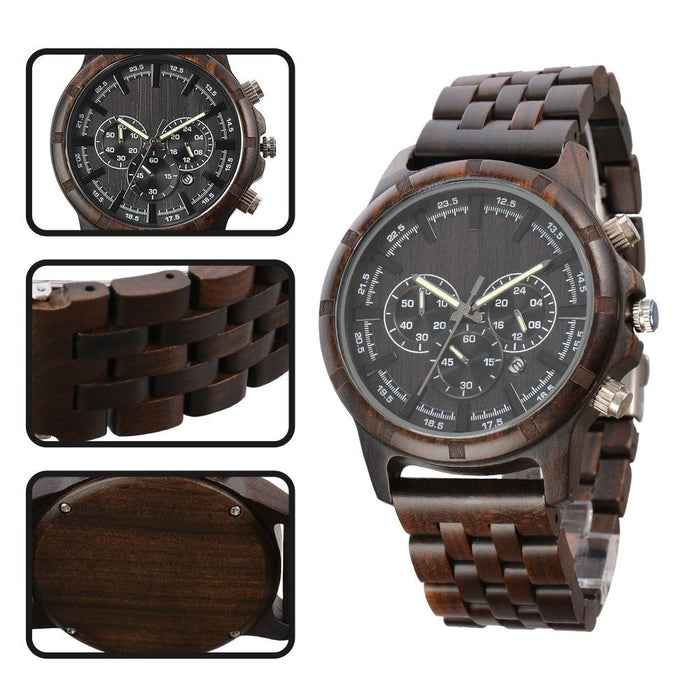 New Men's Multifunctional Business Luminous Large Dial Wood Quartz Watch