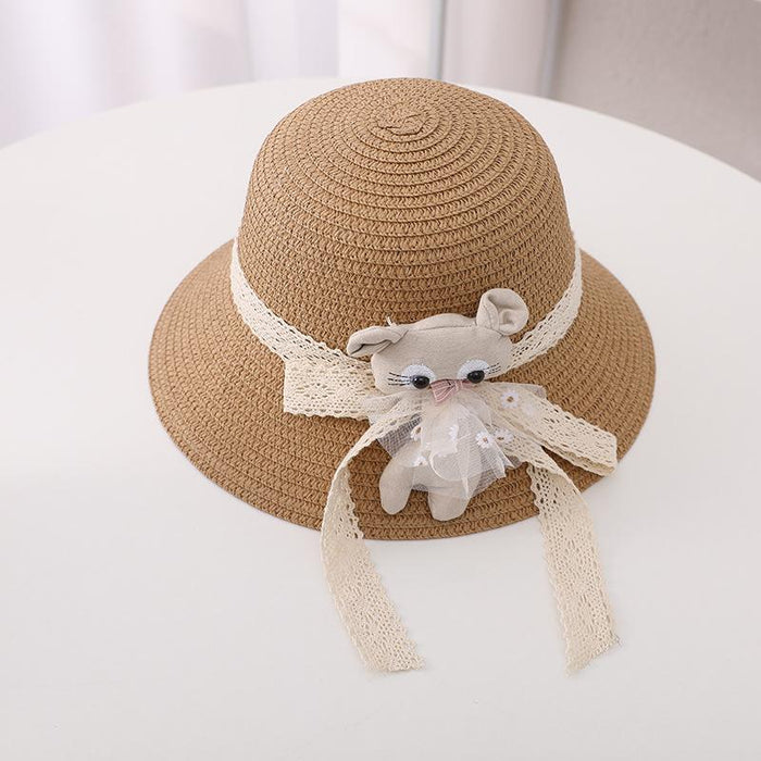 Summer Trendy Lace Cat Children's Grass Bucket Hat Bag Set