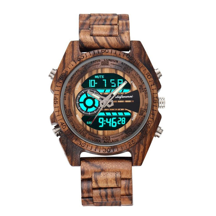 New LCD Dual Display Electronic Outdoor Sports Luminous Wooden Watch
