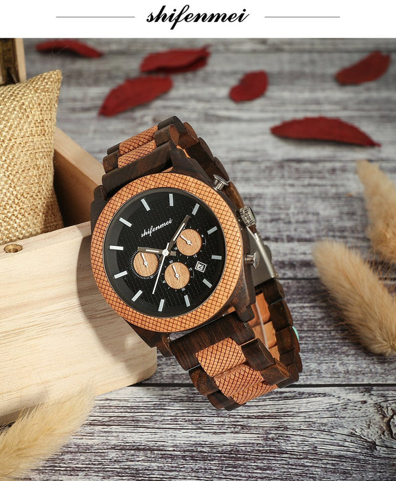 New Fashion Simple Men's Multifunctional Three Needle Wooden Watch
