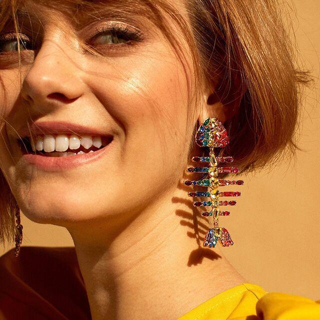 Women's Jewelry Personalized Fishbone Earrings Accessories Inlaid Rhinestone