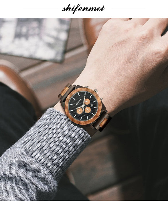 New Fashion Simple Men's Multifunctional Three Needle Wooden Watch