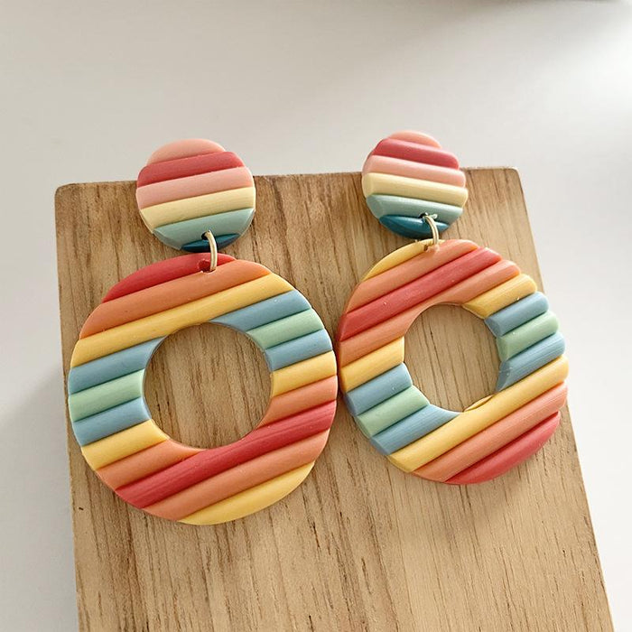 Polymerized Clay Soft Pottery Earrings Rainbow Strips Multicolor Artistic Texture Earrings