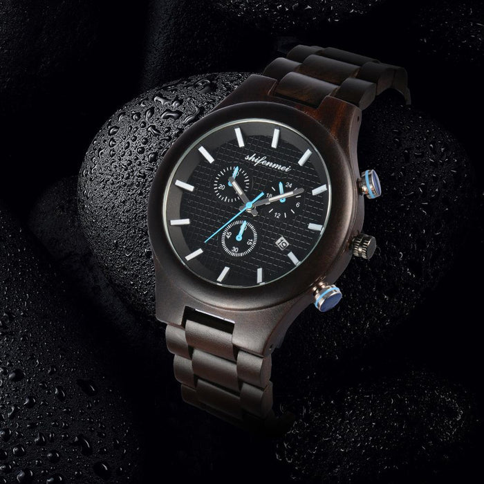 Classic Fashion Multifunctional Waterproof Three Eye Wooden Quartz Watch