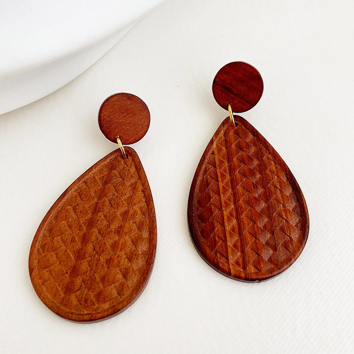 Vintage Log Bohemian Style Hollow Solid Wood Water Drop Earrings Jewelry