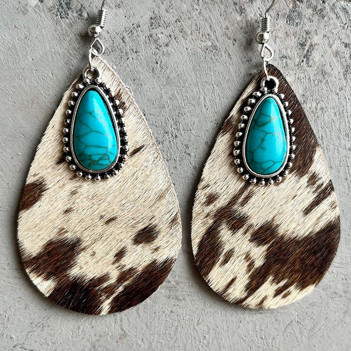 Western Animal Pattern Cowhide Earrings Water Drop Earrings