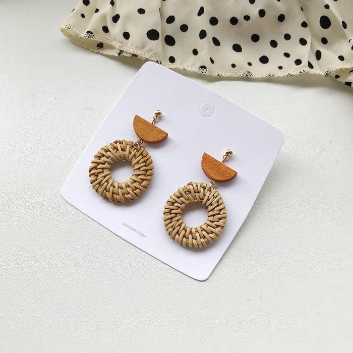 Fashion Geometric Circular Rattan Wood Earrings