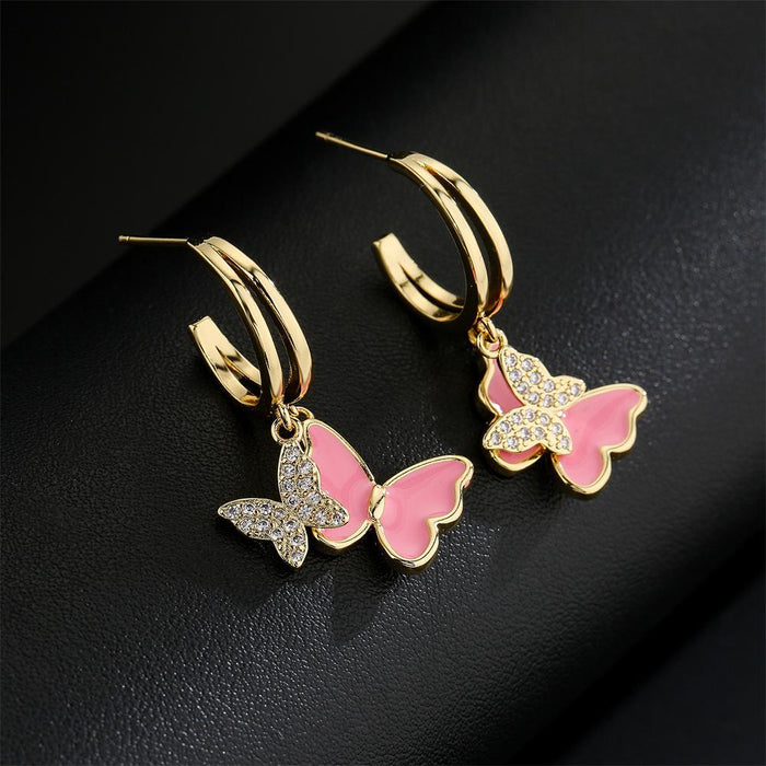 Light Luxury Oil Drop Gold Color Zircon Butterfly Earrings