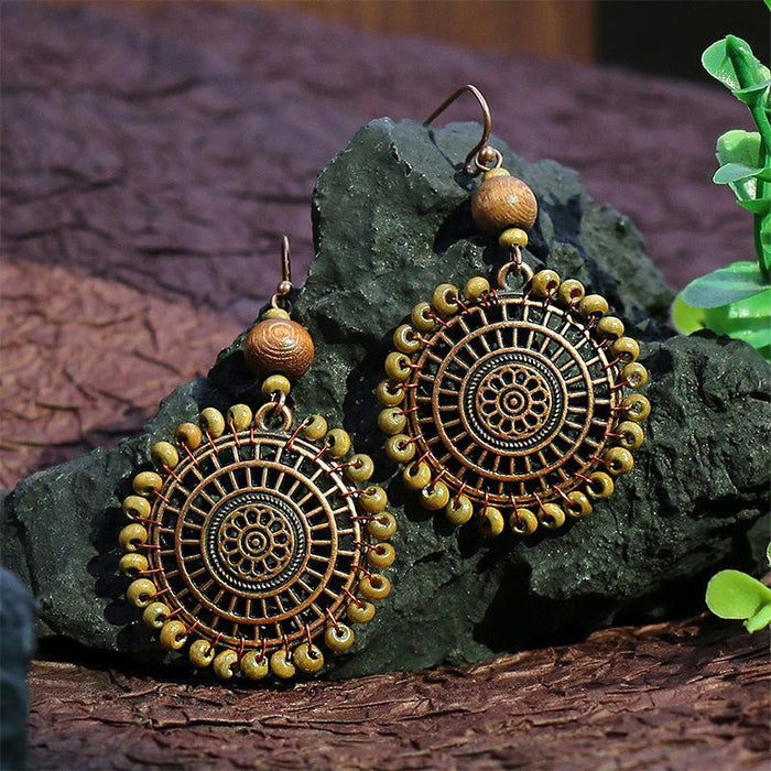 Tassel Vintage Wooden Beads Woven Geometric Hollow Earrings Jewelry