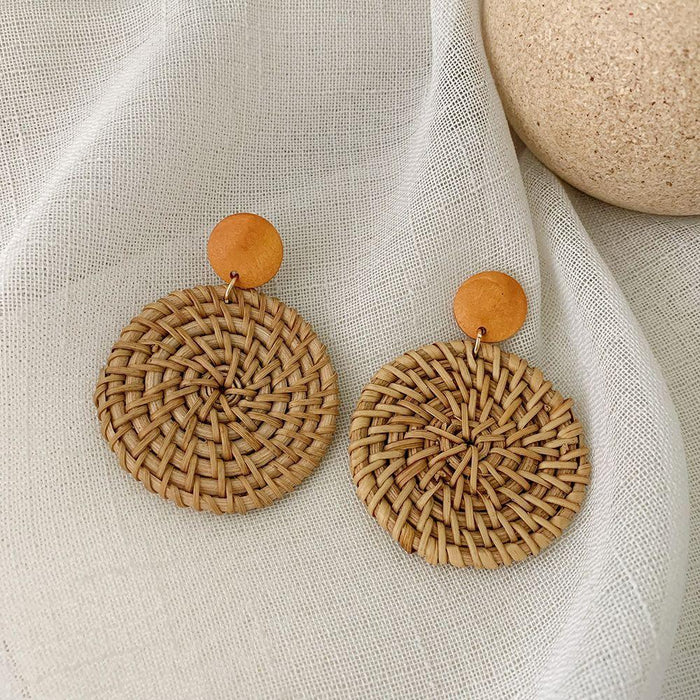 Wooden Handmade Rattan Geometric Earrings Female