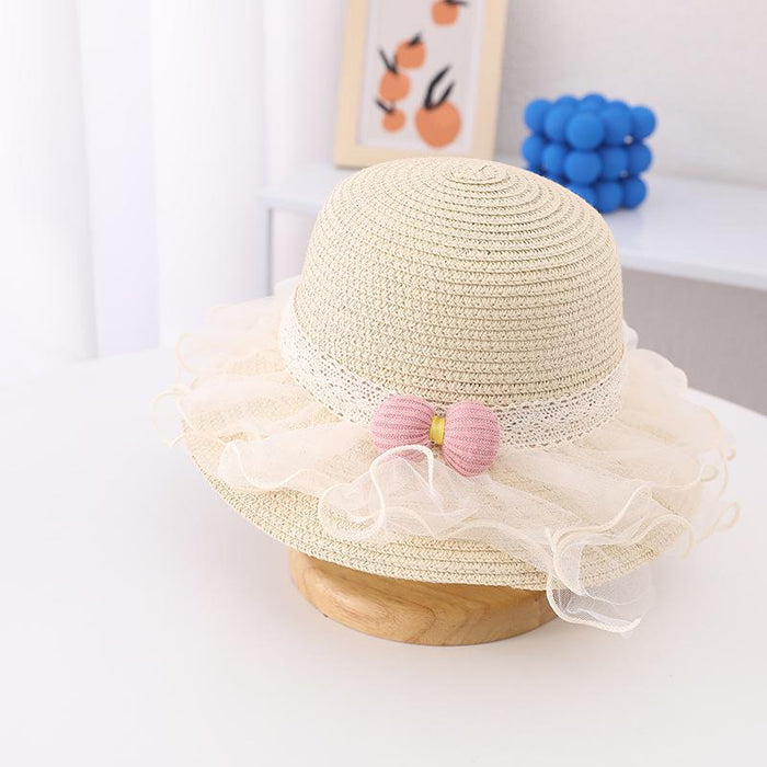 Summer Children's Lace Bow Grass Bucket Hat Bag Set