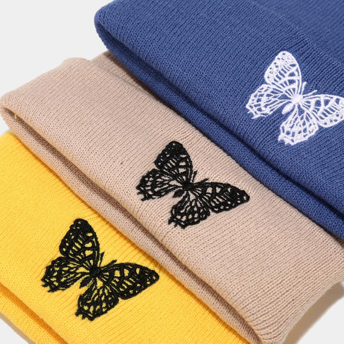 Knitted Beanies Hat Butterfly Embroidery Winter Warm Ski Hats