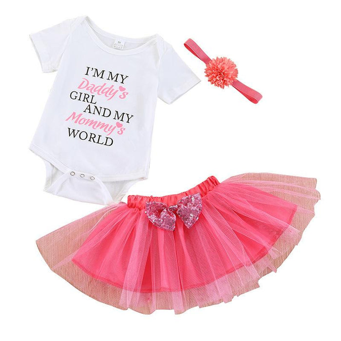 Solid letter short sleeve Khaki pink gauze skirt