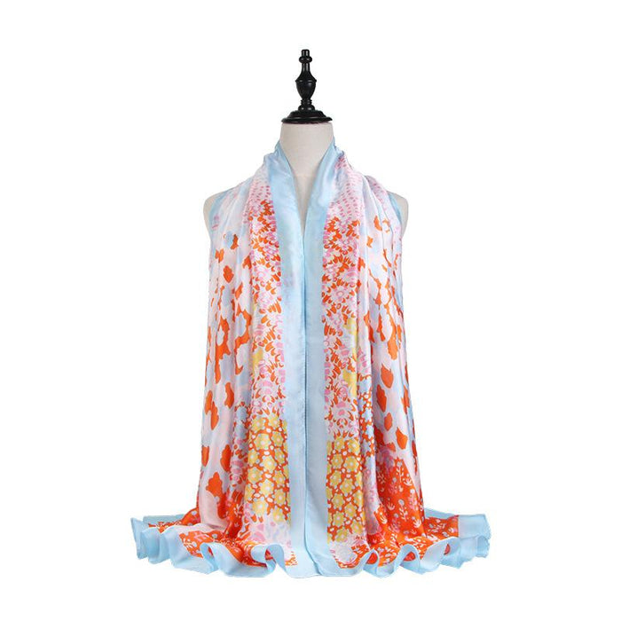 New Satin Printed Scarf Shawl Butterfly Dance Flower Room Sunscreen and Warmth