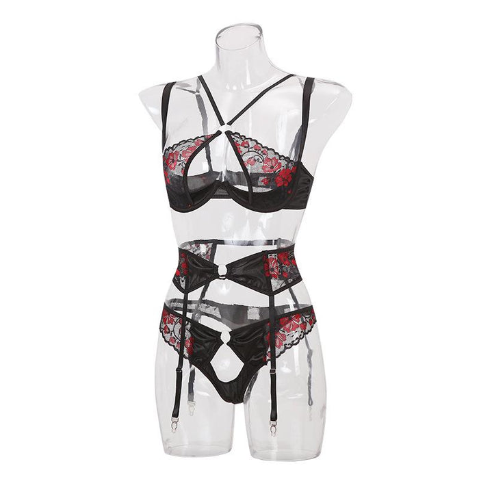 Women's Lace Mesh Embroidered Lingerie Pull Up Underwear Set