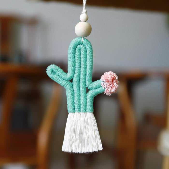 Hand Woven Cactus Pendant Cotton Rope Wood Bead Tassel Pendant