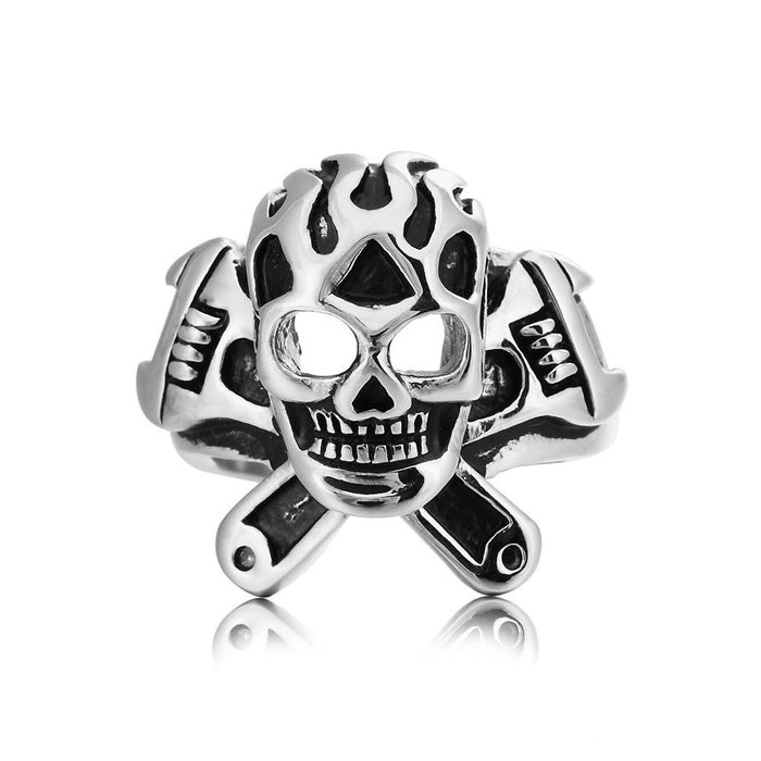 Fashion Personalized Locomotive Wrench Skull Men's Titanium Steel Ring