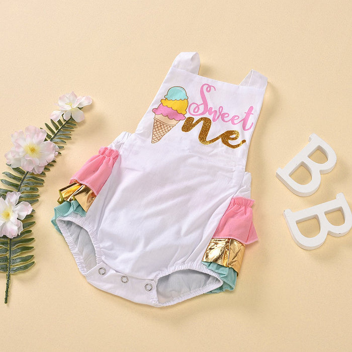 Suspender backless letter printed ice cream color Jumpsuit