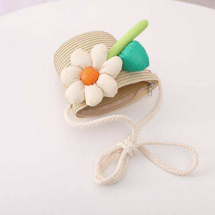 Trendy Three-dimensional Five-petal Flower Children's Wavy Straw Hat Bag Set