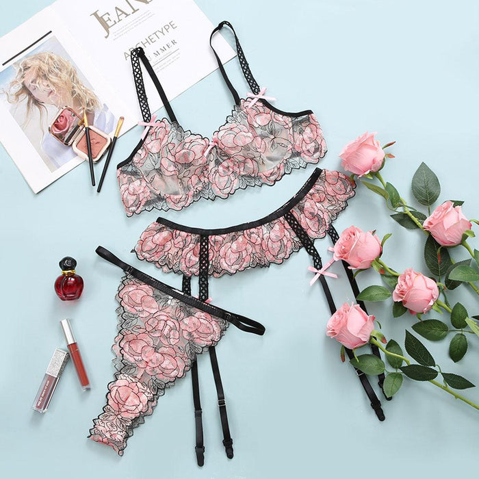 Women's Embroidered Underwear Three Piece Set Sexy Lingerie