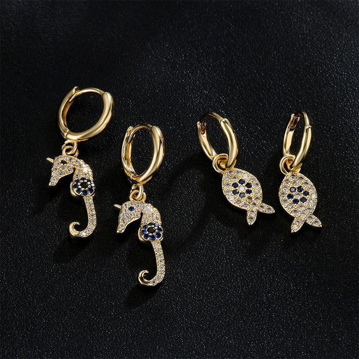 New Gold Color Zircon Small Fish Seahorse Women's Earrings