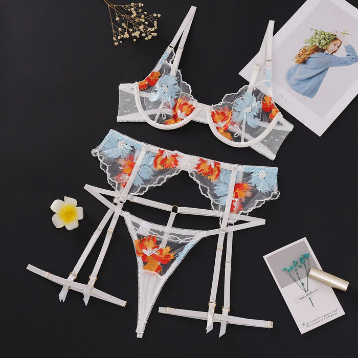 Women's Sexy Embroidered Mesh Garter Lingerie Set