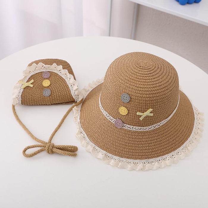 Trendy Three-color Button Children's Lace Straw Hat Bag Set