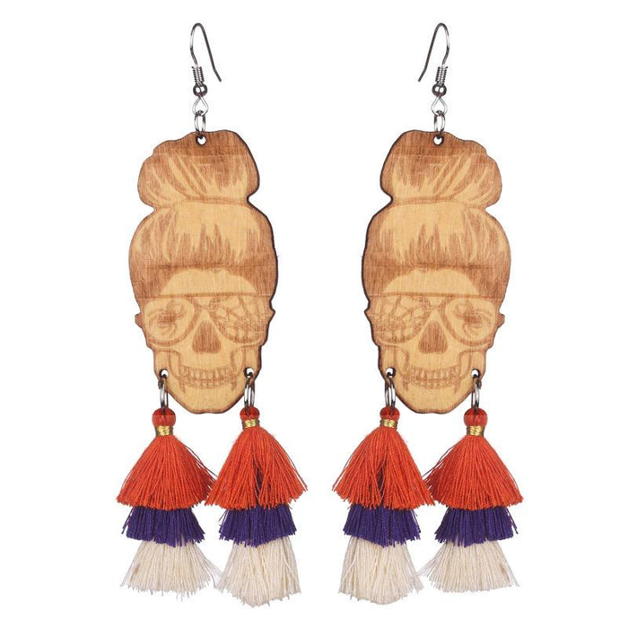 New Fringed Wooden Skull Spider Personality Lady Earrings