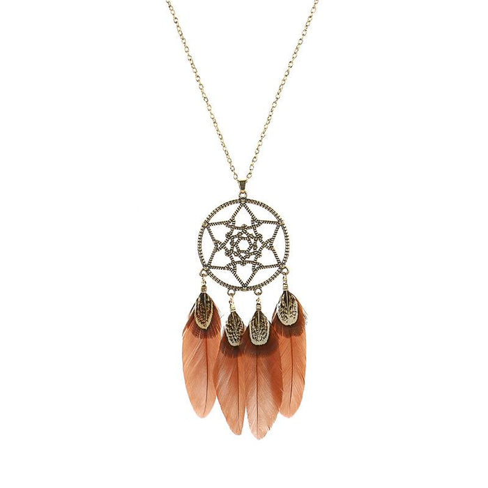 Boho Vintage Feather Tassel Dream Catcher Necklace