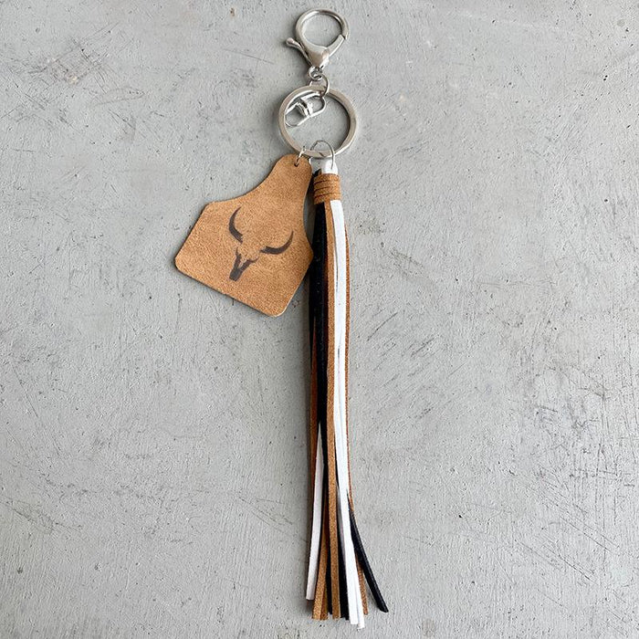 Western Cowboy Aztec Ox Head Leather Key Chain Leather Tassel Pendant