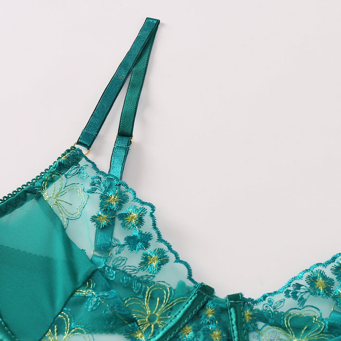 Women Sexy Lingerie Embroidered Mesh Garter Underwear Set