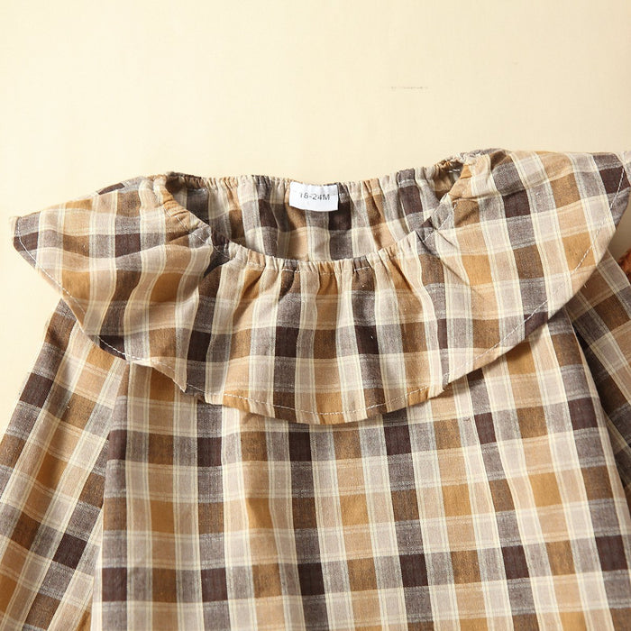Children's Plaid Pullover corduroy strap skirt two piece set