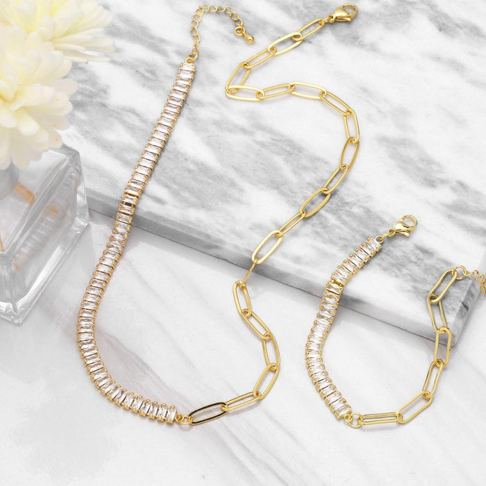Fashion Zircon Stitched Chain Necklace + Bracelet
