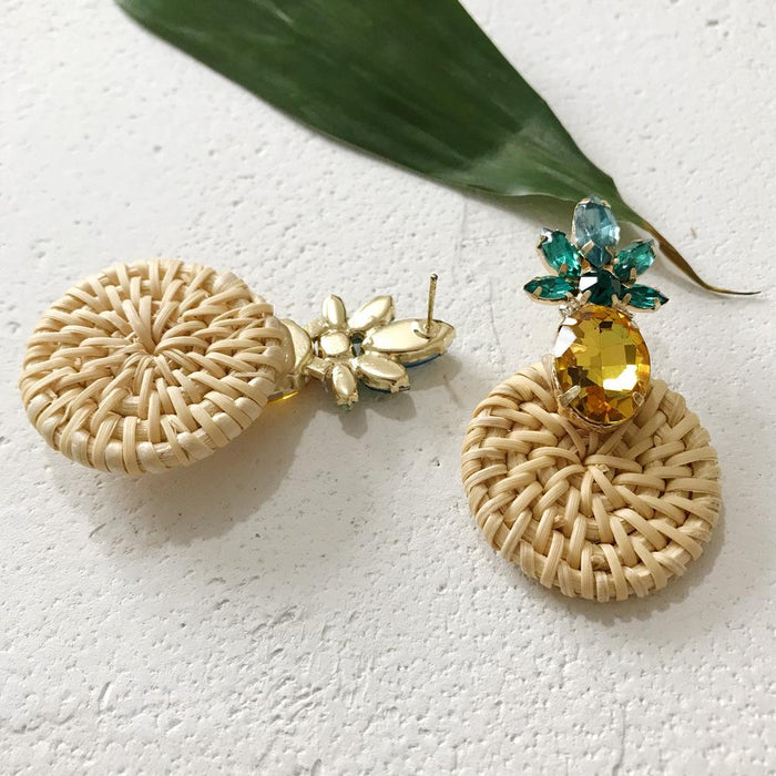 Geometric Round Rhinestone Fruit Pineapple Rattan Earrings
