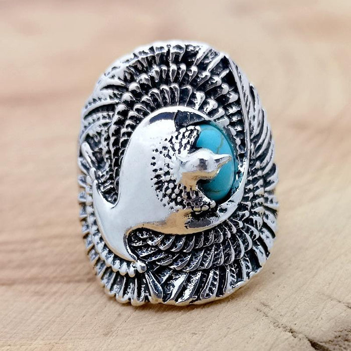 Vintage Turquoise Eagle Titanium Steel Men's Ring