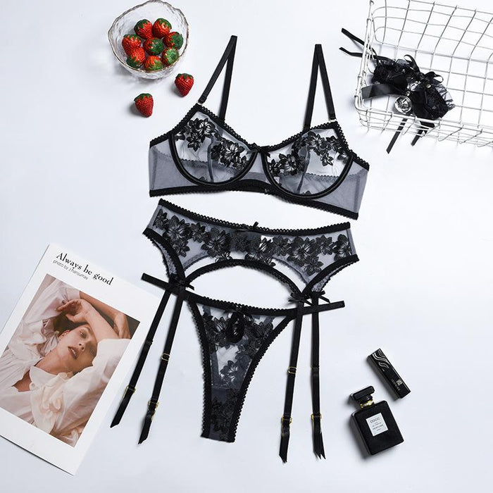 Lace Embroidered Bow Underwear Women Sexy Lingerie Set