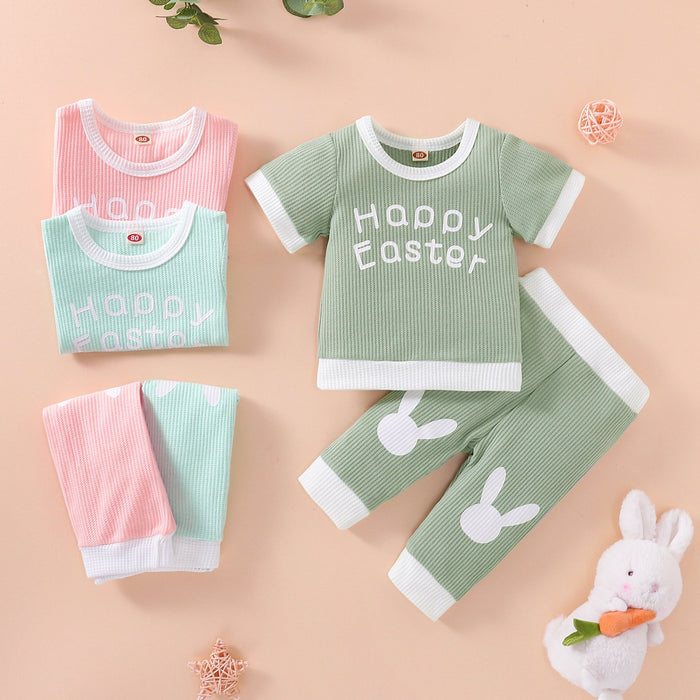 Letter print stitched short sleeve top stitched trousers set