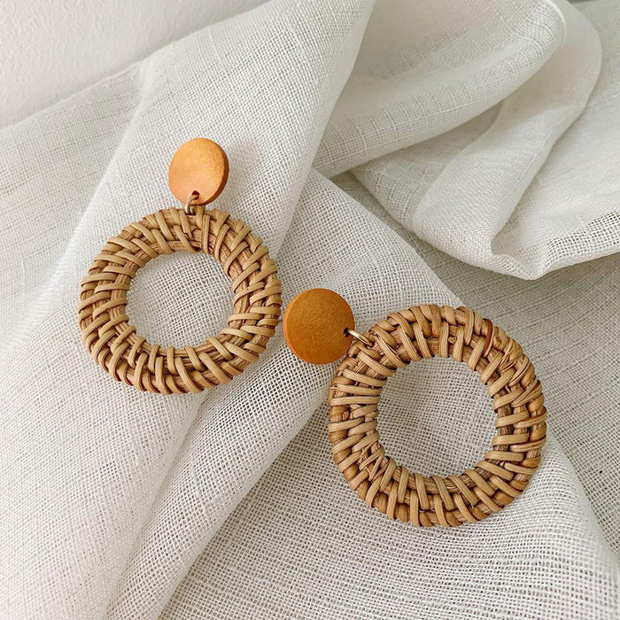 Wooden Handmade Rattan Geometric Earrings Female